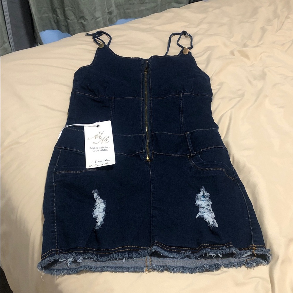 Dark Blue Denim Dress with Distressed Details